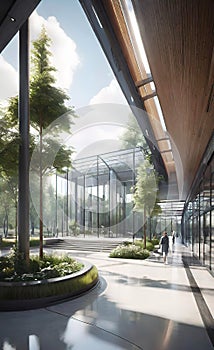 Interior architectural concept, entrance to a train station, airport, office center, modern Scandinavian luxury glass and metal