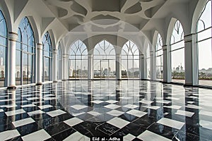 Interior Architecture with Striking Black and White Tiled Floor and Arched Windows