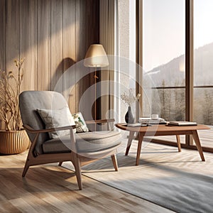 Interior with armchair and coffee table 3d rendering