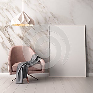 Interior with armchair and a table on a background of a marble wall, 3d render, 3d illustrationMock up poster in the interior with