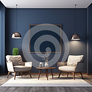 Interior with armchairs and coffee tables in living room with window and mock up poster on dark blue wall, home design 3d