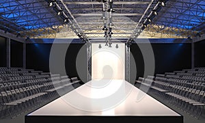 Interior of the auditorium with empty podium for fashion shows. Fashion runway before beginning of fashionable display. 3D visuali