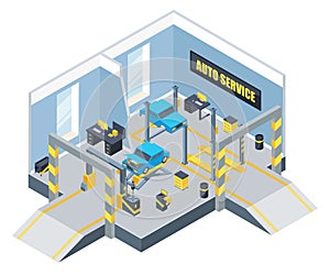 Interior of auto service with different tools and cars. Vector isometric illustrations