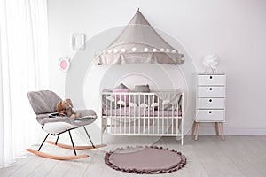 Interior of baby room with crib