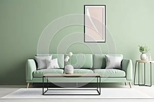 interior background cosy modern green lounge light stylish brick sofa wall three-dimensional. Generative AI.