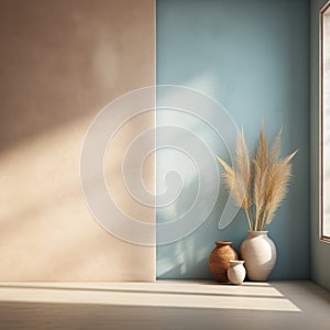 Interior background of empty room with beige and blue stucco, brick wall with copy space and pot with pampas grass 3d rendering