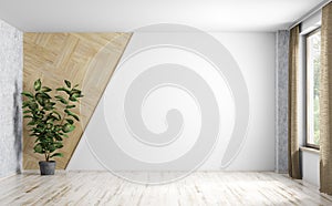 Interior background of empty room with white wall and and potted plant 3d rendering