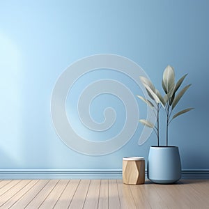 Interior background of empty room with wooden paneling and empty blue wall, pot with plant, copy space. 3d rendering