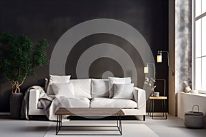 interior background indoor comfortable luxury white house sofa dark cosy. Generative AI.