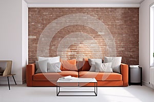 interior background sofa green lounge comfortable light modern contemporary design brick wall. Generative AI.