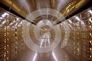 An interior of a bank vault with rows of safety deposit boxes, conveying a sense of confidentiality and trustworthiness