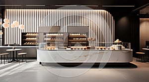 Interior bar design and counter decoration local coffee cafe, breakfast and bakery pastry shop. Generative AI