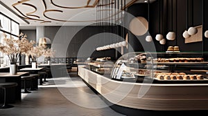 Interior bar design and counter decoration local coffee cafe, breakfast and bakery pastry shop. Generative AI