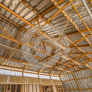 Interior of a barn with metal roof and walls