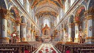 Interior of baroque style ornamented church, view toward altar