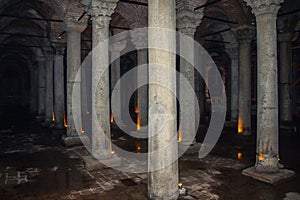 Interior of the Basilica Cistern, or Cisterna Basilica - a historic building in the Old City of Istanbul. Turkey