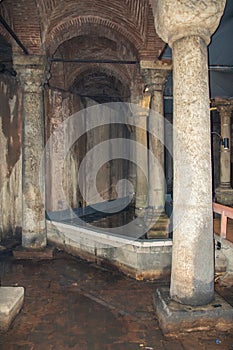 Interior of the Basilica Cistern, or Cisterna Basilica - a historic building in the Old City of Istanbul. Turkey