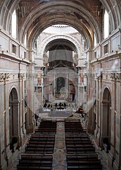 Interior of the Basilica, main nave from the Palace Gallery, Palace-Convent of Mafra, Portugal