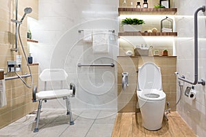 Interior of bathroom for the disabled or elderly people. Handrail for disabled and elderly people in the bathroom