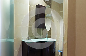 Interior of the bathroom of the European resort hotel room, the concept of a modern holiday at sea