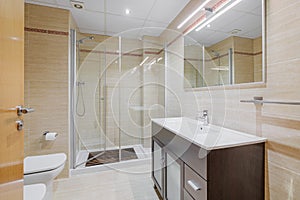 Interior of a bathroom in light tones with shower cabin, toilet and sink.