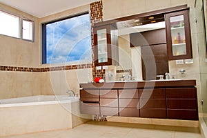 Interior of bathroom in modern house, hot tub