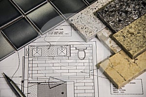 Interior bathroom remodel planning, design, floor and counters