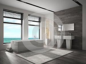 Interior of bathroom with sea view 3D rendering