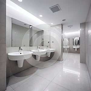 Interior of bathroom with sink basin faucet lined up and public toilet urinals, Modern bathroom design