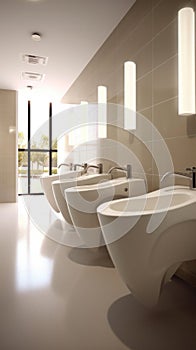 Interior of bathroom with sink basin faucet lined up and public toilet urinals, Modern bathroom design