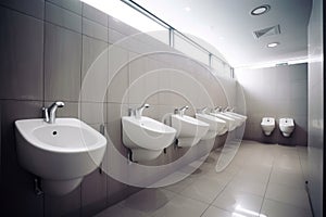 Interior of bathroom with sink basin faucet lined up and public toilet urinals, Modern bathroom design