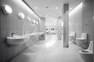 Interior of bathroom with sink basin faucet lined up and public toilet urinals, Modern bathroom design