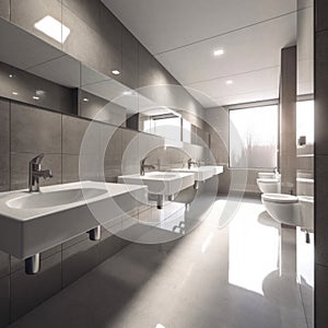 Interior of bathroom with sink basin faucet lined up and public toilet urinals, Modern bathroom design