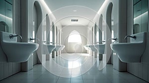 Interior of bathroom with sink basin faucet lined up and public toilet urinals, Modern bathroom design