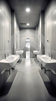 Interior of bathroom with sink basin faucet lined up and public toilet urinals, Modern bathroom design