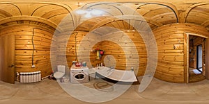 The interior of the bathroom in a wooden house of beams, spherical 360Vr panorama