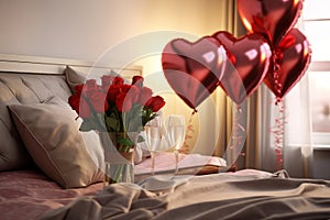 The interior of a beautiful bedroom with a bouquet of roses, balloons, glasses of champagne, decor for Valentine's
