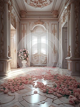 Interior of a beautiful palace, large windows and floral decoration.digital background, 3d rendering, bright light , marble floor