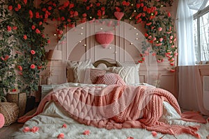 Interior bedroom for a couple in love, decorated for Valentine\'s Day with hearts and lights