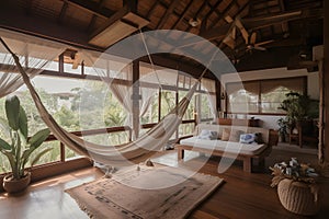 Interior of a bedroom with a hammock, large windows in a modern house, a villa on the island of Thailand