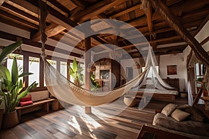 Interior of a bedroom with a hammock, large windows in a modern villa in Bali