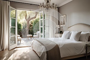The interior of the bedroom with a large bed with white linens and access to a chic terrace