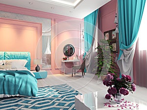 Interior bedroom with turquoise curtains