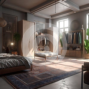 Interior of bedroom with wardrobe in modern house