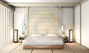 Interior Bedroom zen interior design with tatami mat floor and wooden wall design.3D rendering