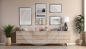 Interior of a beige living room featuring a dresser and posters