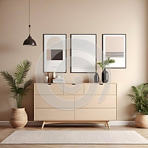 Interior of a beige living room featuring a dresser and posters