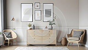 Interior of a beige living room featuring a dresser and posters