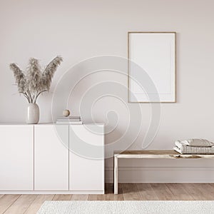 Interior in beige tones with a chest of drawers, and a wooden bench