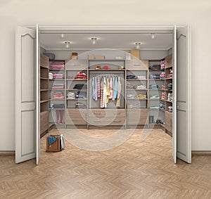 Interior and big closet with dressing room,